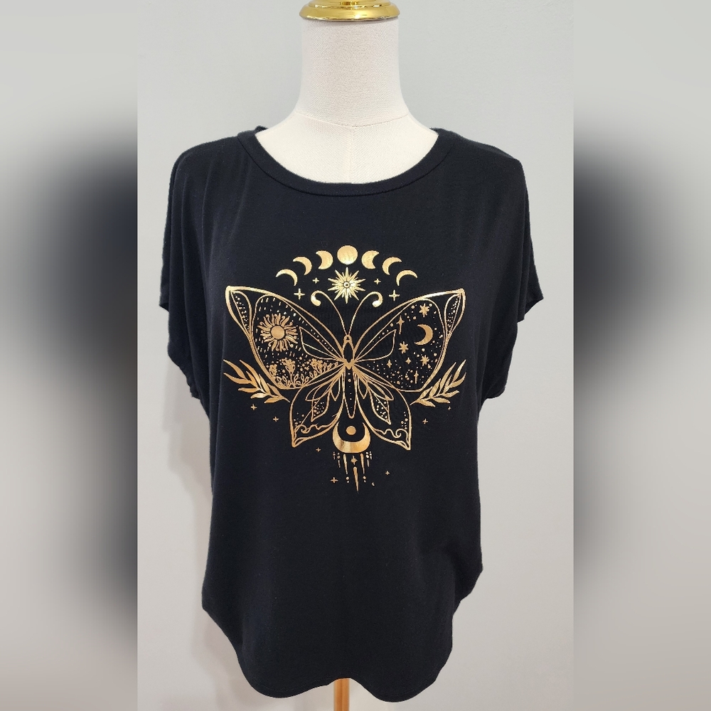 AVA JAMES Shirt Gold Graphic Cinch Tunic Casual Top Size MP